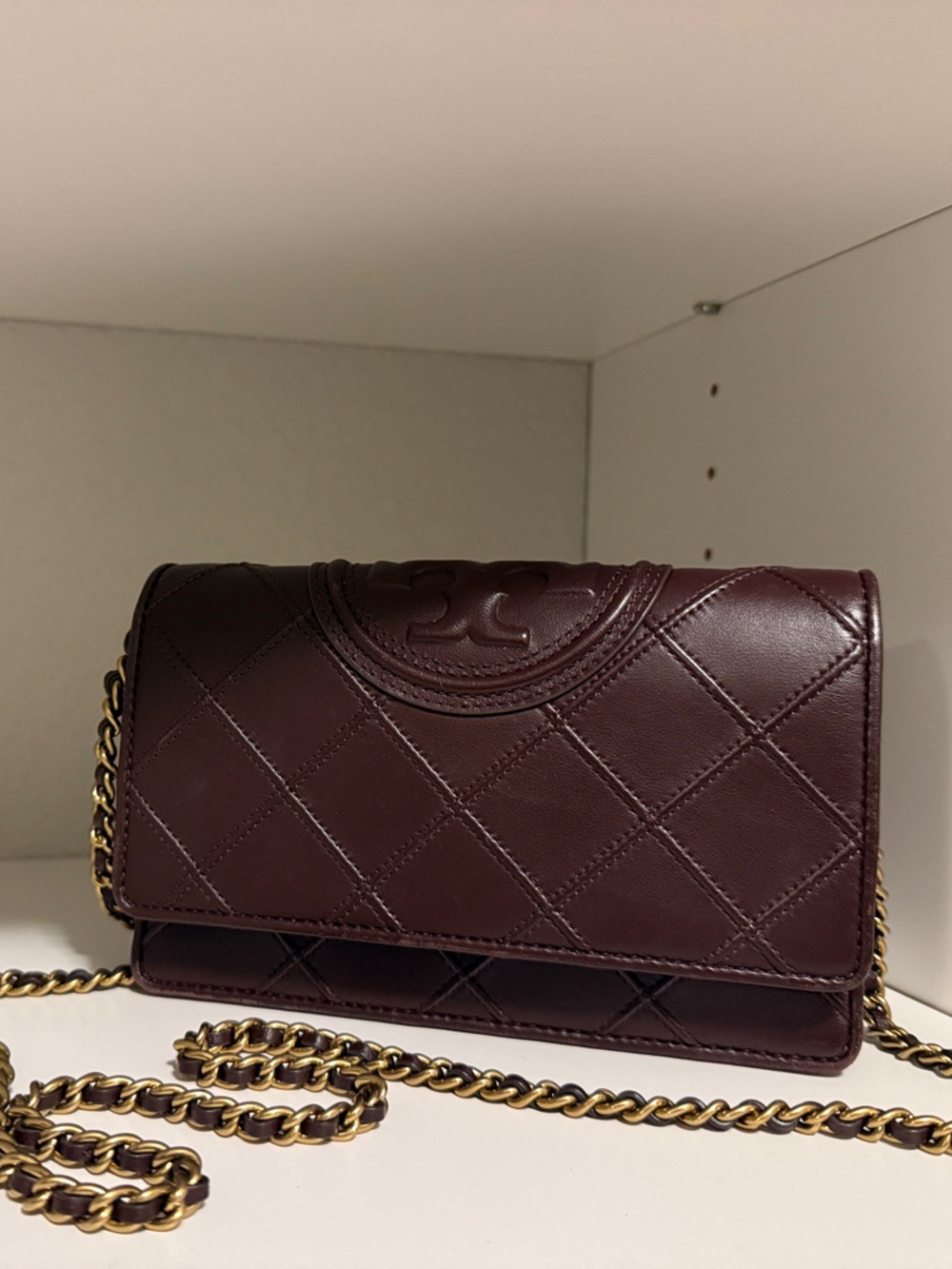 Tory Burch Quilted Chain Crossbody in Deep Burgundy
